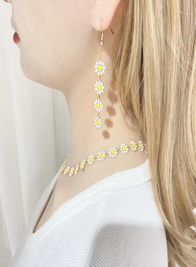 DATOA Daisy Jewelry Set for Women Cute Daisy Choker Necklace Bracelet Dainty Flower Long Dangle Earrings-White - Image 4